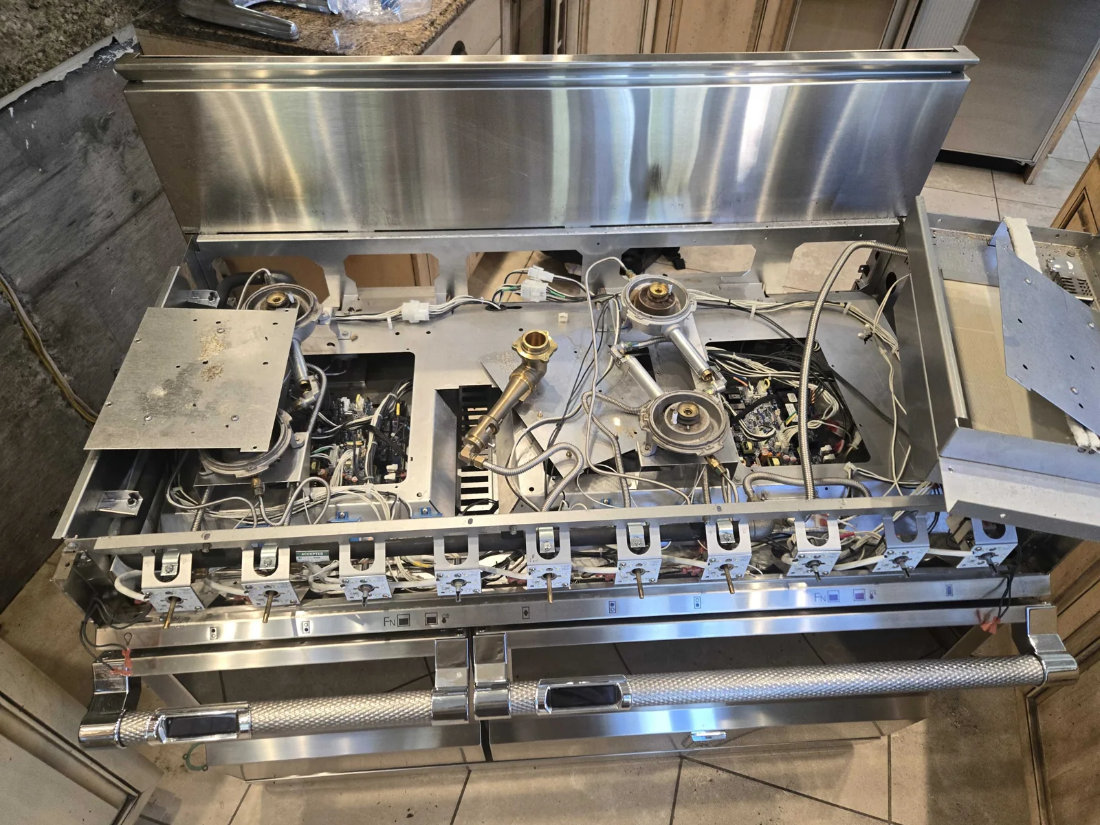 Hestan range with the cooking surface removed.