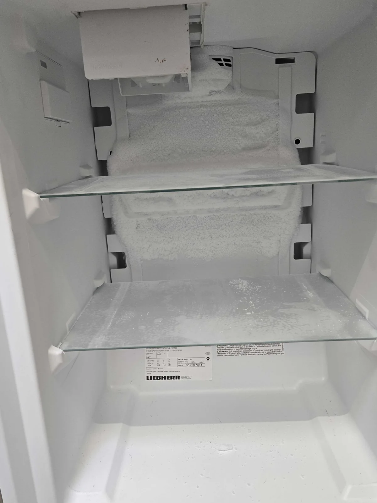 Frost buildup on the rear panel inside a Liebherr refrigerator.