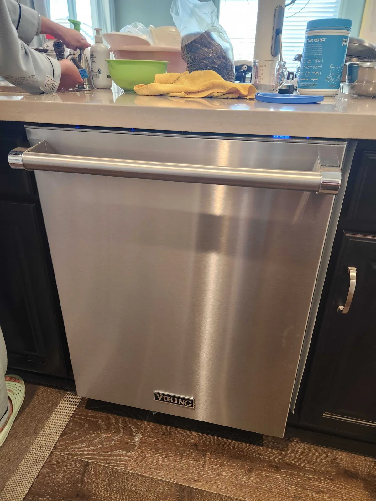 Stainless-steel Viking dishwasher with the door closed.